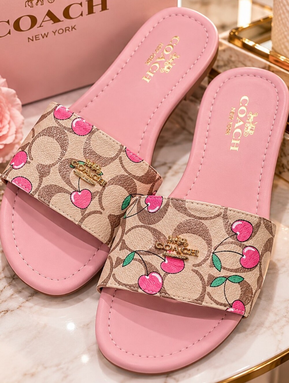 COACH Pink Cherry Print Signature Slide Sandals